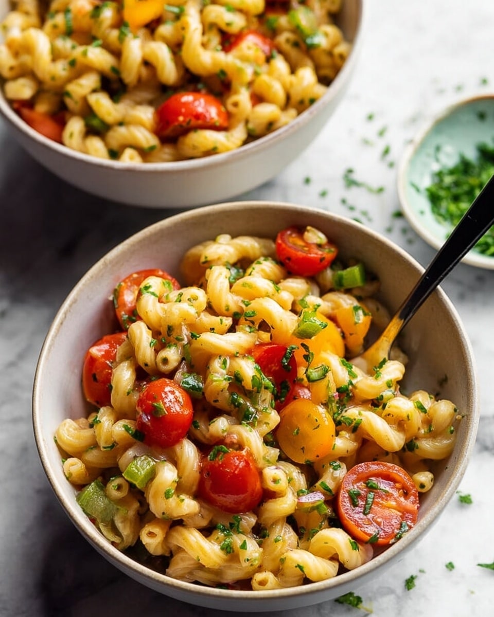 The image shows two white bowls filled with short, curly pasta mixed with bright red cherry tomatoes, small chopped pieces of yellow and green vegetables, and sprinkled green herbs on top. The pasta appears glossy and coated with a light sauce, giving it a slightly shiny texture. The bowl in the foreground has a black fork inside, while the bowl in the background rests on a white marbled surface sprinkled with green herbs. Photo taken with an iphone --ar 4:5 --v 7