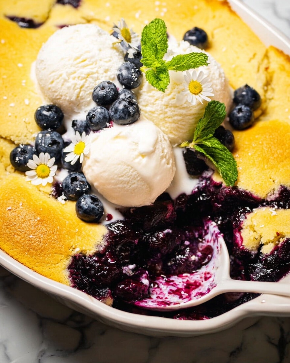 The image shows a white dish filled with a baked dessert that has a golden yellow crust on top and deep purple blueberry filling underneath. The dessert is partially scooped out with a white spoon, revealing the thick, juicy blueberry layer beneath the crust. On top of the crust, there are three scoops of melting vanilla ice cream, some fresh blueberries, green mint leaves, and small white flowers with yellow centers placed as decoration. The dish is set on a white marbled surface. Photo taken with an iphone --ar 4:5 --v 7