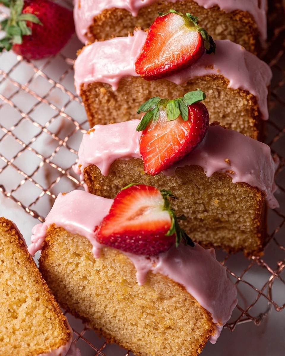 The image shows slices of a light brown cake with a soft, crumbly texture arranged on a wire rack over a white marbled surface. Each slice is topped with a smooth, pink glaze that drips slightly down the sides. On top of the glaze on each slice, there is a fresh, halved strawberry with bright red skin and green leaves, adding a pop of color and freshness. The cake slices are positioned close to each other, filling the frame with the details of cake texture, pink glaze, and ripe strawberries. Photo taken with an iphone --ar 4:5 --v 7