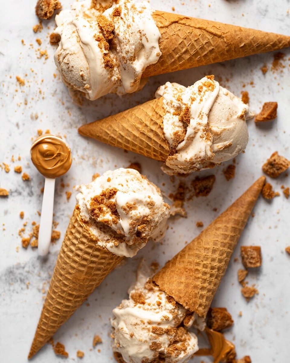 Four ice cream cones lie on a white marbled surface. Each cone is filled with creamy, light beige ice cream that looks soft and melting, with crumbled brown cookie pieces mixed into and on top of the ice cream layers. The waffle cones are a homemade golden brown, textured with a grid pattern. There is a small white spoon with a dollop of brown spread near the cones, and brown cookie crumbs are scattered on the surface. Some larger chunks of cookie pieces lie near the cones, adding texture contrast. photo taken with an iphone --ar 4:5 --v 7