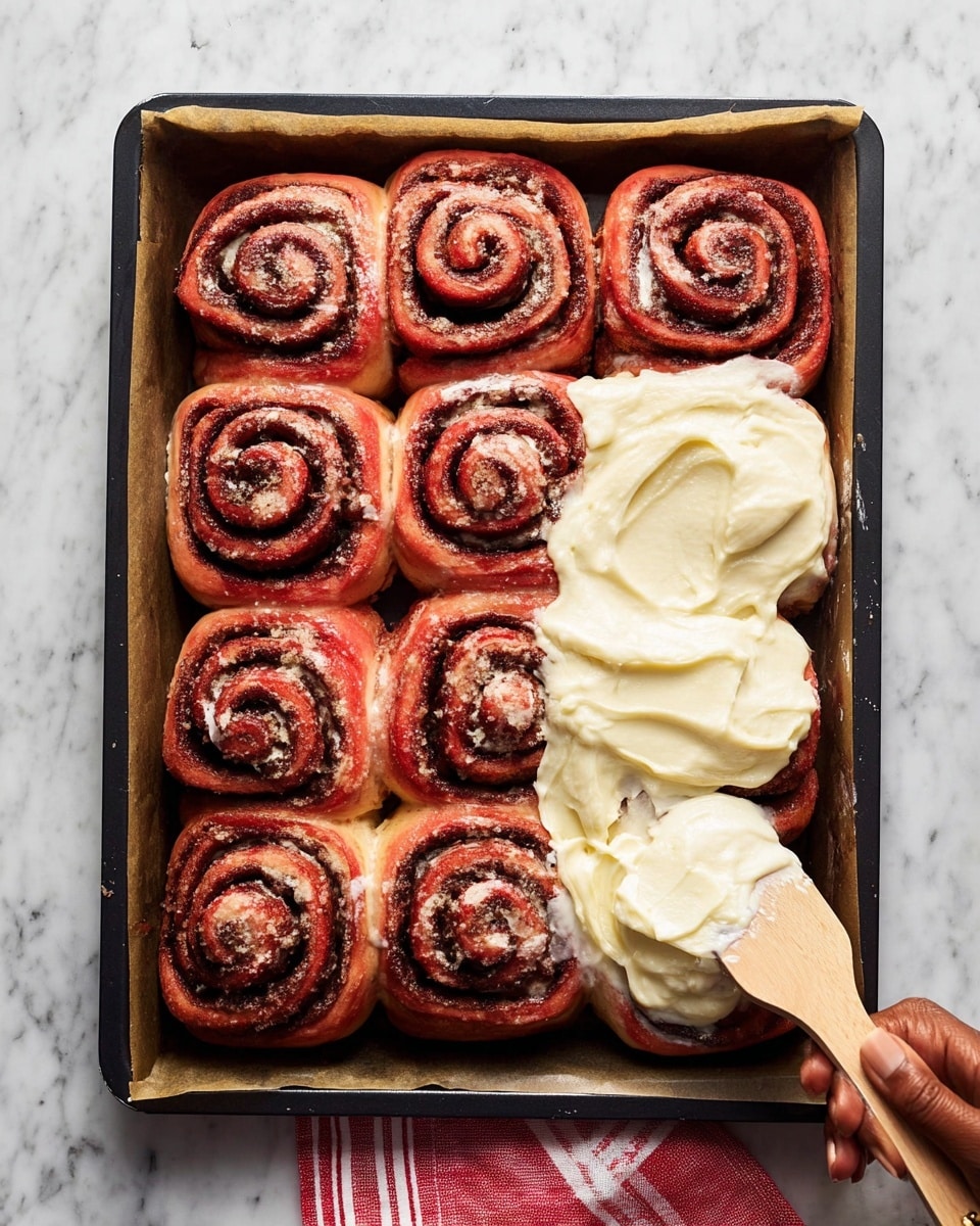 A black baking tray lined with parchment paper holds twelve red cinnamon rolls arranged in three rows of four, each swirl showing dark brown cinnamon filling inside the bright red dough. A woman’s hand is spreading thick, creamy white icing over the bottom row of rolls using a wooden spatula, with the frosting smooth and slightly melting into the warm rolls. The tray is set on a white marbled surface with a red-striped cloth peeking out at the bottom edge of the image. photo taken with an iphone --ar 4:5 --v 7