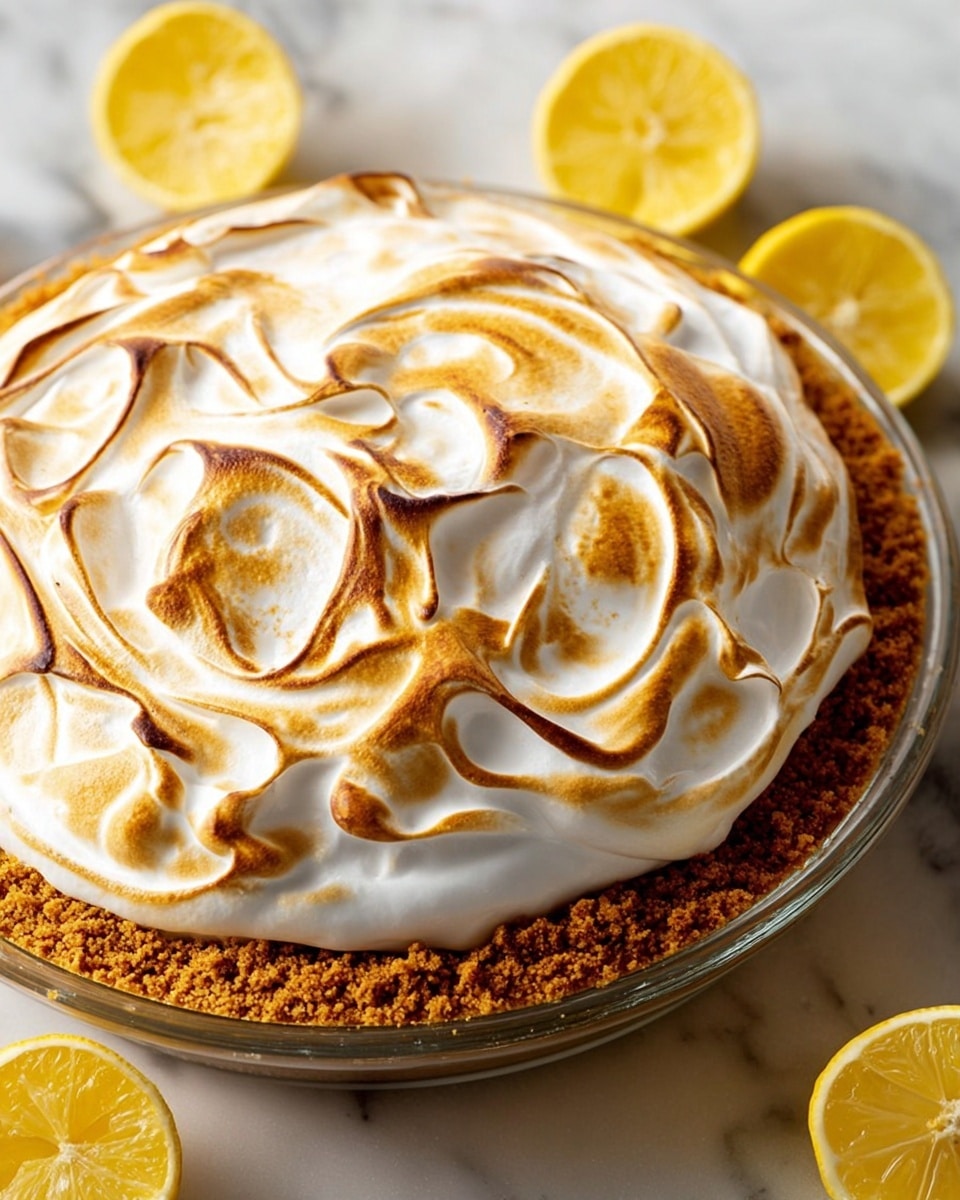 A close-up view of a lemon meringue pie with two main layers visible. The bottom layer is a thick, crumbly, golden brown graham cracker crust that edges around the pie in a glass pie dish. On top is a thick layer of fluffy white meringue with peaks and swirled patterns that are browned in spots to a toasted caramel color. Around the dish are several hollowed-out lemon halves, bright yellow against the white marbled surface below. The overall look is warm and inviting, showing texture contrasts between crumbly, smooth, and fluffy layers. Photo taken with an iphone --ar 4:5 --v 7