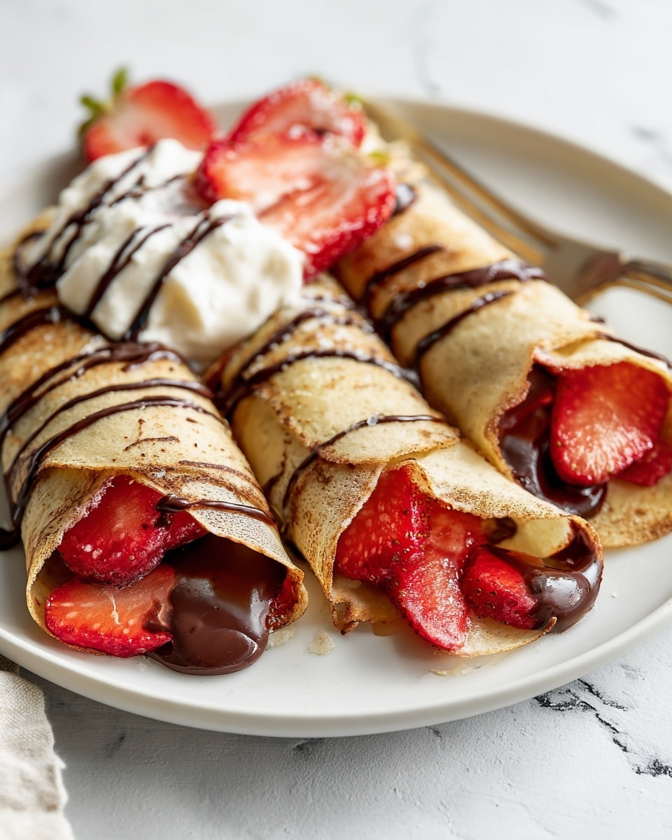 The image shows three rolled crepes on a white plate with a white marbled texture underneath. Each crepe is light golden brown with a slightly crispy texture and filled with bright red sliced strawberries and rich, glossy chocolate sauce that is slightly dripping out from the edges. One crepe is cut open at the front, revealing the layers of fresh strawberries and thick chocolate inside, with a fork gently placed inside it. In the background, there is a dollop of white whipped cream topped with more sliced strawberries and thin drizzles of melted chocolate over the crepes. photo taken with an iphone --ar 4:5 --v 7