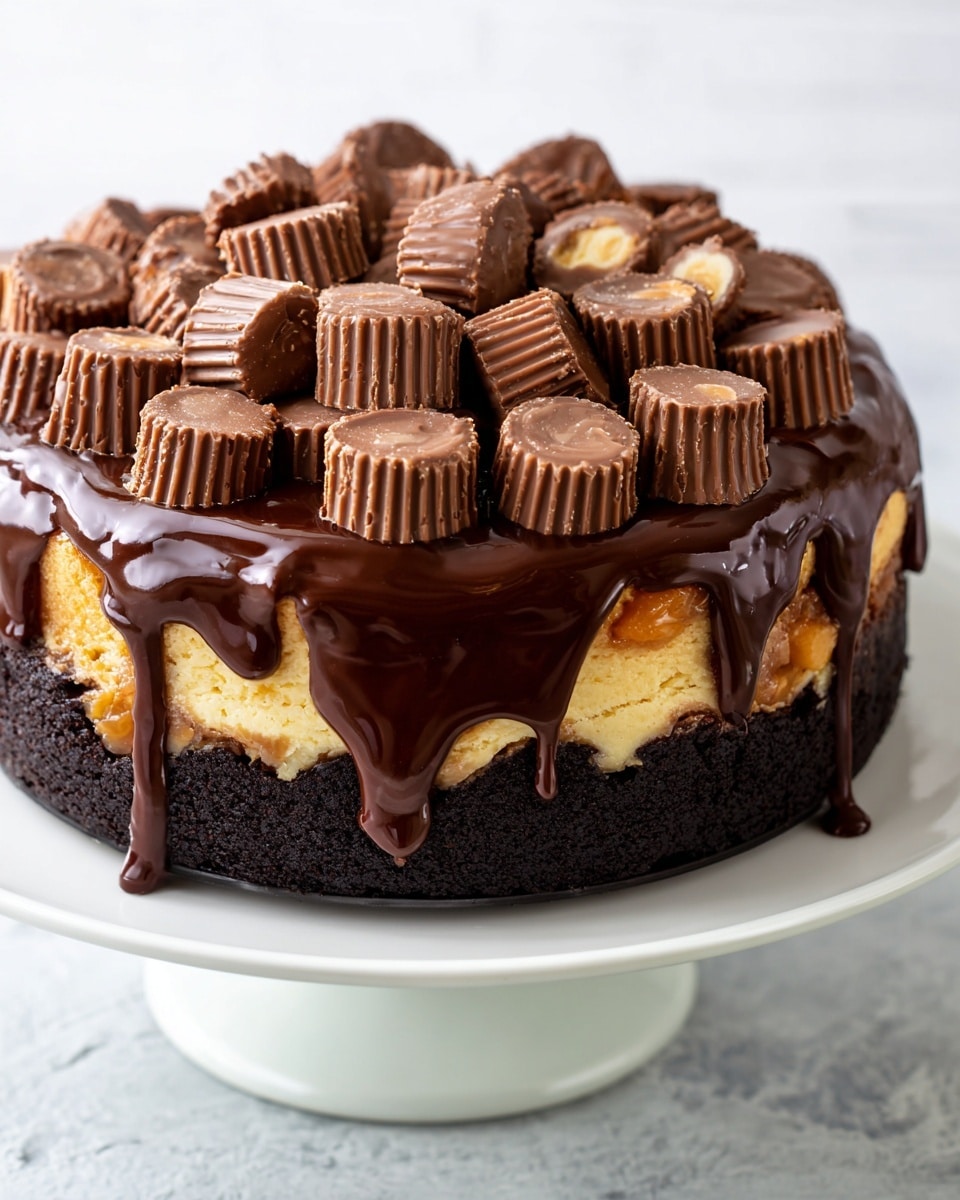 A three-layer cake sits on a white plate against a white marbled texture background; the bottom layer is dark, rich chocolate cake, the middle layer is a light, golden cheesecake, and the top is covered in thick, glossy dark chocolate ganache that drips down the sides. On top of the ganache, there is a generous pile of small milk chocolate peanut butter cups, each with a ridged texture and round shape, creating a textured and rich appearance. Photo taken with an iphone --ar 4:5 --v 7