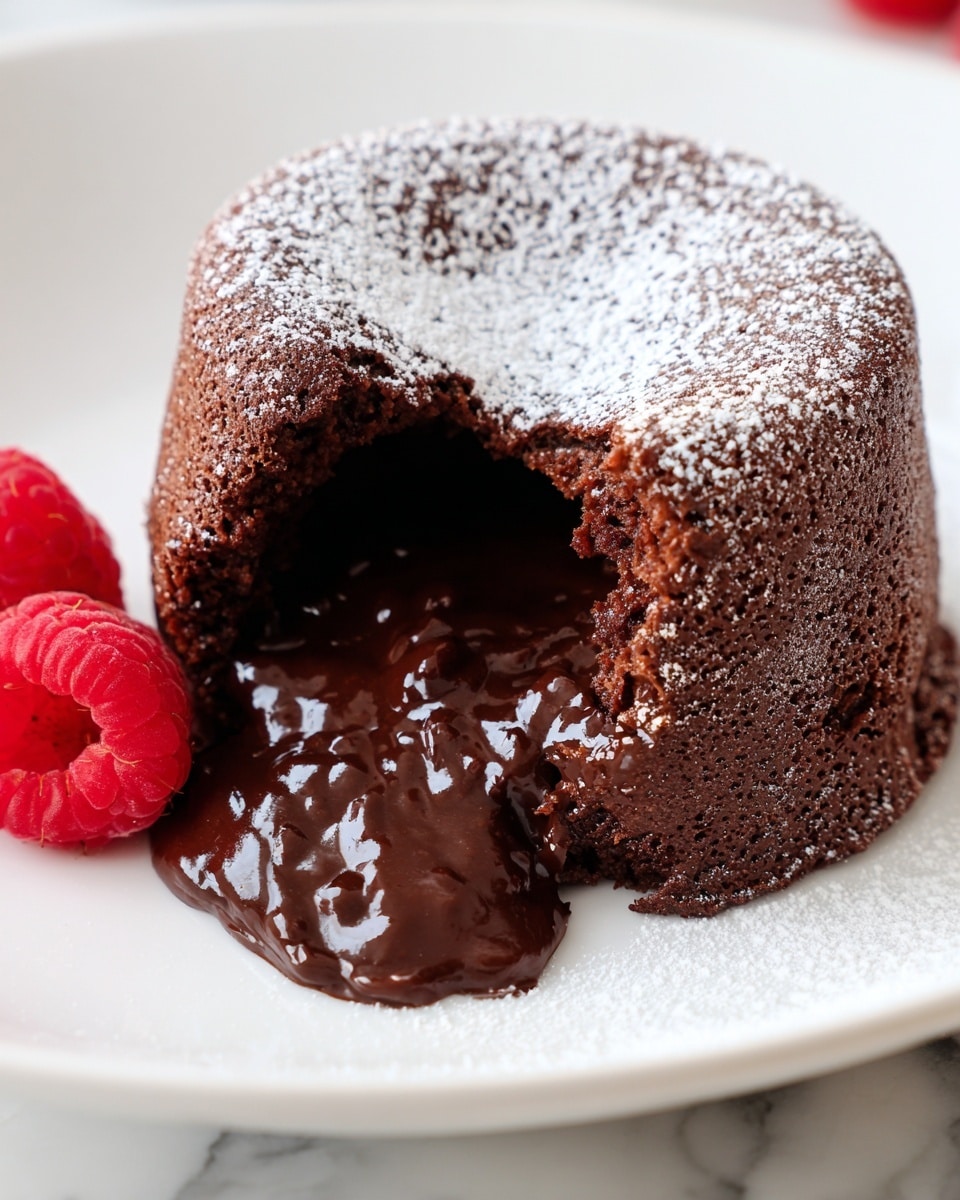 A warm chocolate lava cake sits on a white plate showcasing its rich, dark brown outer layer covered lightly with white powdered sugar. The cake has a soft, moist texture and a round dome shape. A big bite is taken out of the front, revealing thick, glossy, dark chocolate lava flowing smoothly from inside. Two bright red raspberries rest gently to the left side of the cake. The scene is set on a white marbled surface with natural light highlighting the glossy chocolate and soft cake crumb. Photo taken with an iphone --ar 4:5 --v 7