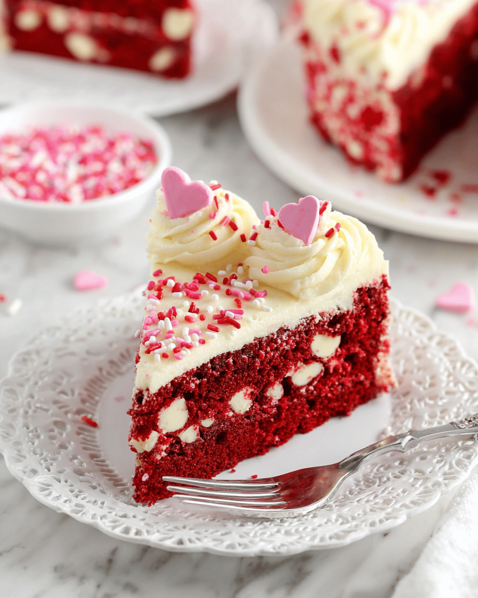 A single triangular slice of red velvet cake sits on a white plate with a delicate lace-like edge. The dense cake layer is deep red and filled with white chocolate chips scattered throughout, creating a speckled texture. On top, there is a thick layer of creamy white frosting piped in a swirl along one edge, decorated with small heart-shaped and round pink, red, and white sprinkles. Nearby, a silver fork rests on the plate. In the background, blurred, a white bowl filled with pink and white sprinkles and more cake slices on white plates are visible, all set on a white marbled surface. photo taken with an iphone --ar 4:5 --v 7