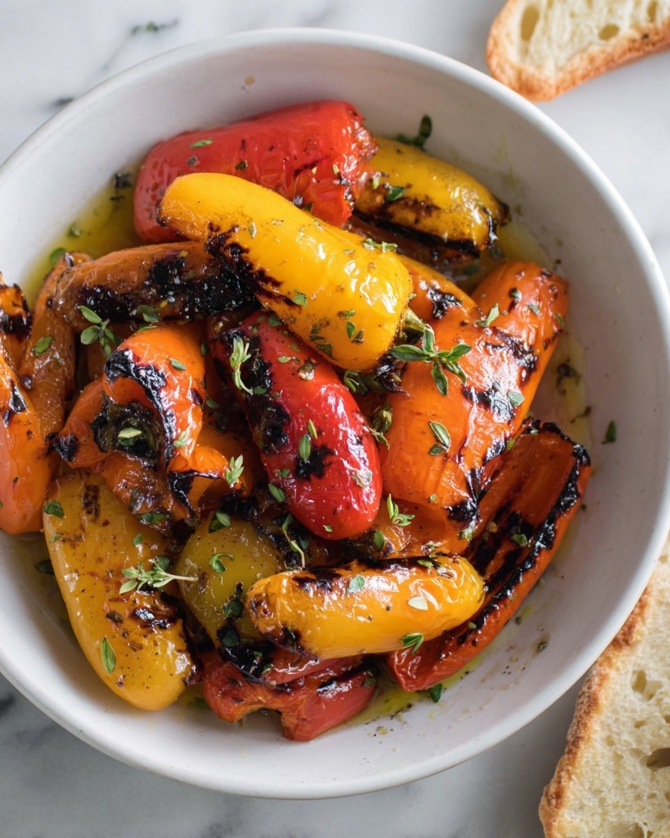A white bowl filled with about two layers of grilled mini bell peppers in red, yellow, and orange colors, each piece showing clear dark char marks and a shiny glaze of oil on their smooth skins, sprinkled with small green herb leaves scattered over and around the peppers. The bowl sits on a white marbled surface with a piece of torn bread visible in the top right corner of the image. photo taken with an iphone --ar 4:5 --v 7