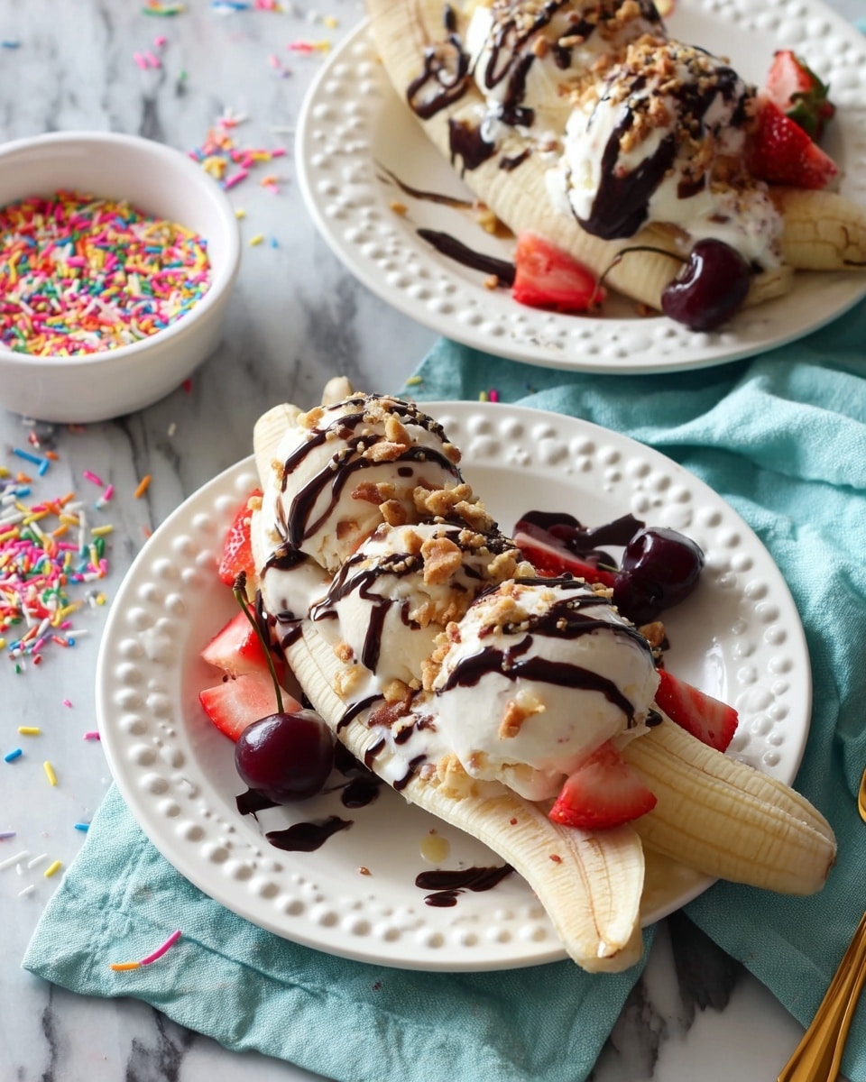 A white plate holds a banana split made of three banana halves arranged in a triangle shape, each topped with a scoop of creamy vanilla ice cream. The ice cream is covered with whipped cream drizzled with dark chocolate syrup, and colorful sprinkles are scattered on top. Bright red strawberry halves are placed at the base of the bananas, and dark red cherries with stems sit on top of the whipped cream and around the plate. A golden spoon is placed next to the dessert on the white marbled surface photo taken with an iphone --ar 4:5 --v 7