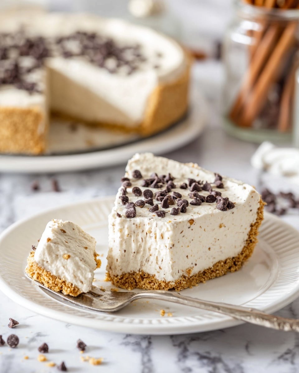 The image shows a white plate with a slice of creamy, light beige pie with two layers: a crumbly golden brown crust on the bottom and a thick, smooth, and fluffy cream layer on top. The cream layer is covered with small dark chocolate chips scattered evenly. A piece of the pie is cut out and placed on a silver fork in the foreground, showing the soft texture of the cream. In the background, there is another whole pie on a white plate and a glass jar with cinnamon sticks. The entire scene is set on a white marbled surface. photo taken with an iphone --ar 4:5 --v 7