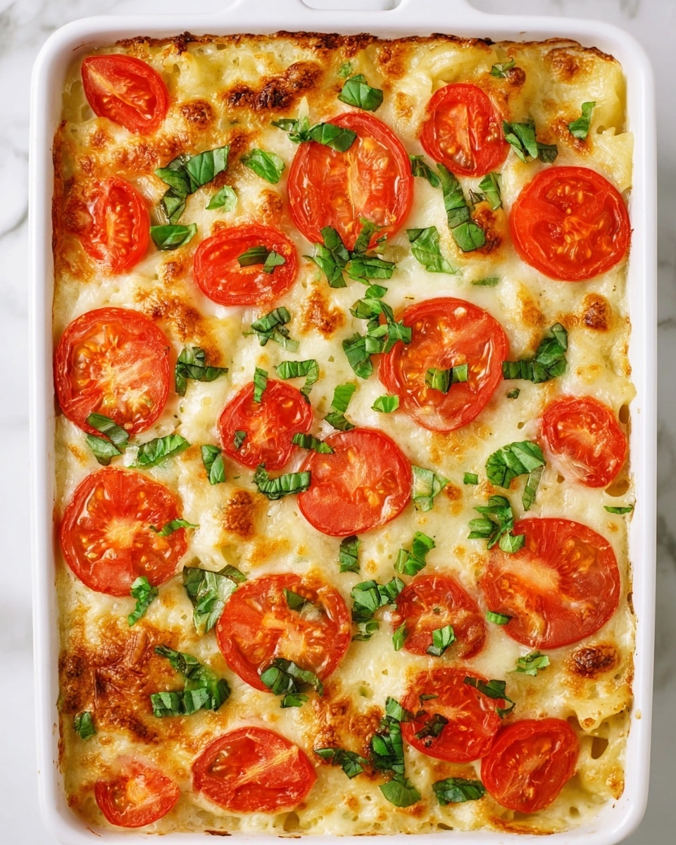 The image shows a white plate with a serving of baked pasta. The bottom layer is creamy white pasta with a smooth sauce, topped with three bright red tomato slices. Each tomato slice has melted cheese on top and is sprinkled with small green basil pieces. In the back, a white baking dish holds more pasta with the same toppings. The plate is on a white marbled surface with a red cloth nearby and a silver fork placed beside the pasta. photo taken with an iphone --ar 4:5 --v 7