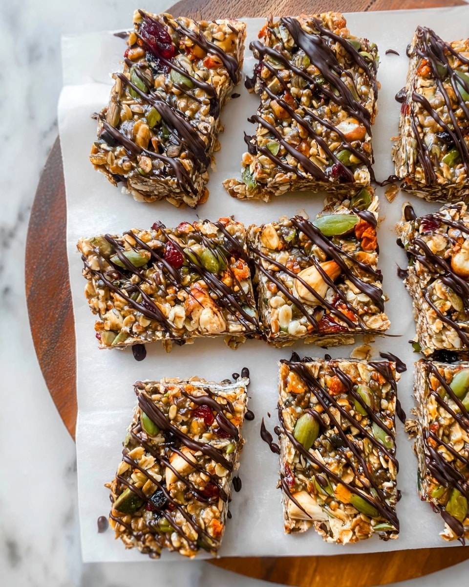 The image shows six square granola bars placed on a white parchment paper, which is on a white plate with a wood-textured edge. Each bar has two main visible layers: the bottom layer is a mix of oats, puffed grains, nuts, and seeds in light brown, green, and orange colors, creating a rough texture, while the top layer is drizzled with thin lines of dark chocolate in an irregular pattern. The bars have an uneven, chunky texture with visible pieces of nuts and dried fruits in various colors like green, red, and dark brown. The background is a white marbled surface. photo taken with an iphone --ar 4:5 --v 7
