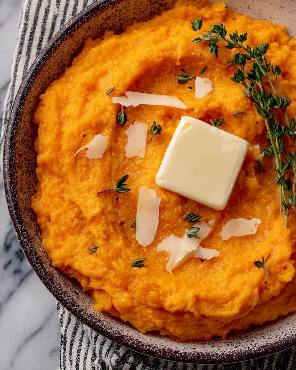 A close-up view of a single thick layer of bright orange mashed sweet potatoes served in a white bowl with a dark speckled rim. On top of the mash, there is a square piece of white butter melting slightly in the center. Around the butter are a few sprigs of fresh green thyme and scattered thin, pale orange shavings of cheese. The texture of the mash is smooth but slightly chunky. The bowl is placed on a white marbled surface with a striped cloth partially visible under it. Photo taken with an iphone --ar 4:5 --v 7