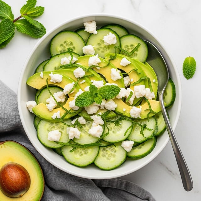 A white bowl holds a fresh salad with three main layers: thin green cucumber slices forming the base, creamy light green slices of avocado placed evenly on top, and small white chunks of cheese scattered over the avocado and cucumber. Bright green thin strips of mint leaves are sprinkled throughout the salad, with a small sprig of mint leaves centered on top for garnish. A silver spoon rests inside the bowl on the right side. The bowl sits on a white marbled surface next to a half avocado with the seed visible and some fresh mint leaves nearby. A gray cloth is partly visible under the bowl. photo taken with an iphone --ar 4:5 --v 7