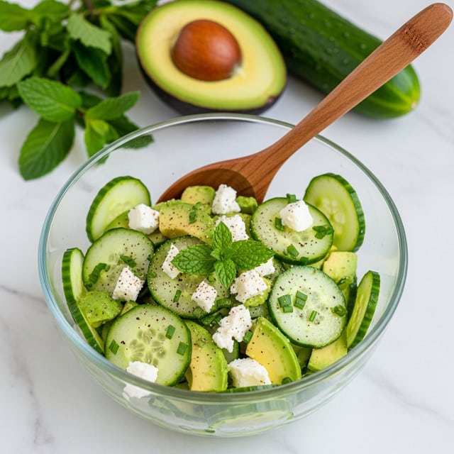 A clear glass bowl holds a fresh salad made of thin, round cucumber slices and small avocado pieces with light green flesh, mixed with white cheese crumbles scattered on top. The ingredients are lightly sprinkled with small chopped green herbs and cracked black pepper. A small bright green mint sprig is placed in the center as garnish. The bowl sits on a white marbled surface with a wooden spoon resting inside the bowl leaning on the edge. Fresh mint leaves and a halved avocado with bright green flesh and brown seed, along with a cucumber, are placed softly in the background. photo taken with an iphone --ar 4:5 --v 7