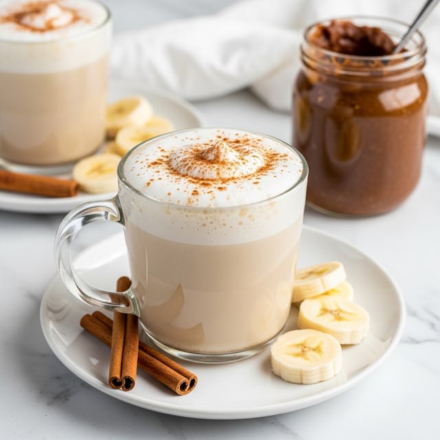 A clear glass mug holds a creamy light brown drink with a thick, frothy white foam layer on top that is sprinkled with light brown cinnamon powder. The mug sits on a white plate, which also holds a small stack of pale yellow banana slices and two cinnamon sticks. In the background, there is another similar mug on a white plate with banana slices, and a jar filled with a dark brown paste. The scene is set on a white marbled surface that adds a clean and soft texture to the image. photo taken with an iphone --ar 4:5 --v 7