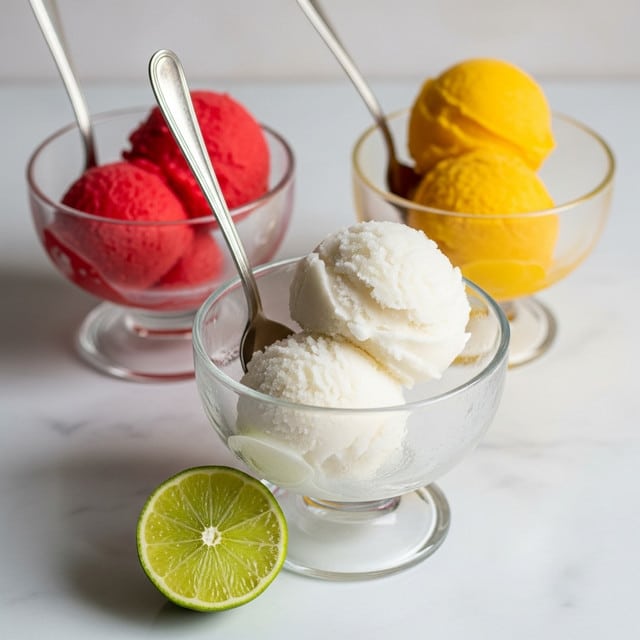 Three glass dessert bowls each hold two scoops of sorbet, arranged in a row on a white marbled surface. The front bowl has white sorbet, with a slightly rough texture showing icy crystals, and a silver spoon standing upright in it. A cut lime half with visible segments rests in front of this bowl. Behind to the left is a bowl of bright red sorbet with a similar texture and a spoon. To the right in the back is a bowl of vibrant yellow sorbet, also with a spoon inside. The light is soft, and the clear glass bowls show some condensation underneath. Photo taken with an iphone --ar 4:5 --v 7