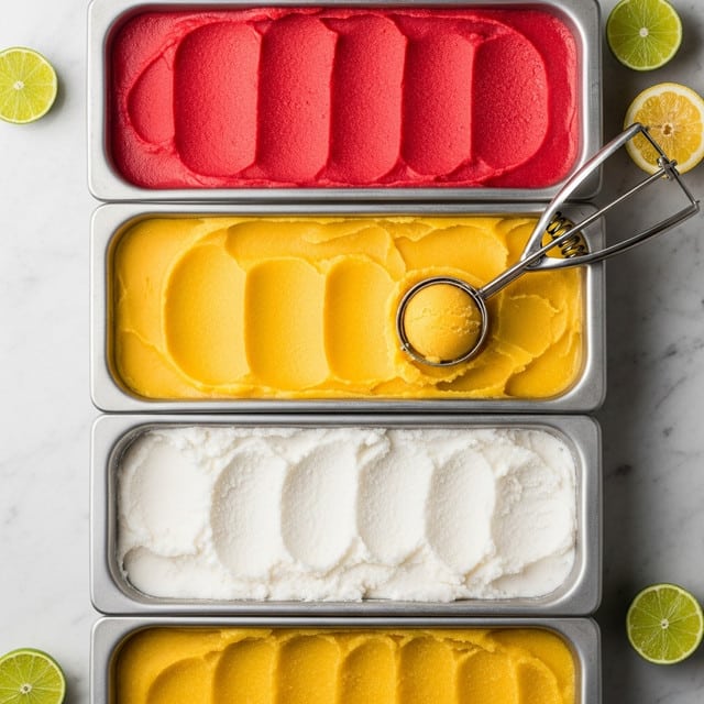 The image shows four metal rectangular trays stacked vertically, each filled with a different frozen sorbet. The top tray has a smooth, bright red sorbet layer that fills the entire tray evenly. The second tray from the top holds a smooth, vibrant yellow sorbet layer, with a metal ice cream scoop resting on it, scooping out a round ball of sorbet towards the right side. The third tray contains a textured, snowy white sorbet layer that looks slightly uneven, filling the full tray. The bottom tray is partially visible and filled with a golden yellow sorbet layer. The trays sit on a white marbled surface with slices of lime and lemon scattered around the edges. photo taken with an iphone --ar 4:5 --v 7