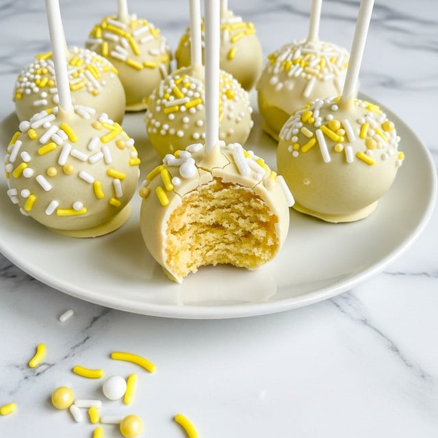 The image shows several round cake pops on white sticks arranged on a white plate with a white marbled surface underneath. Each cake pop has a smooth outer layer of pale yellow or white coating decorated with small white and yellow sprinkles in different shapes, including rods, dots, and pearls. One cake pop is bitten, revealing a crumbly, soft yellow cake inside with the outer coating cracked around the bite area. Scattered yellow and white sprinkles are also seen on the white marbled surface near the plate. photo taken with an iphone --ar 4:5 --v 7