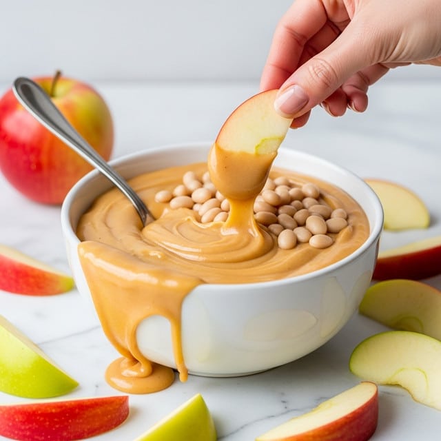 A white ceramic bowl filled with a creamy, light brown dip, with a thick and smooth texture that is slowly dripping down the side of the bowl. Small white beans are visible on one side of the dip's surface. A woman's hand is dipping a triangular apple slice with red and yellow skin into the dip, coating it generously. Around the bowl, there are several apple slices with red, yellow, and green skin scattered on a white marbled surface. A spoon is placed inside the bowl, partially submerged in the dip. photo taken with an iphone --ar 4:5 --v 7