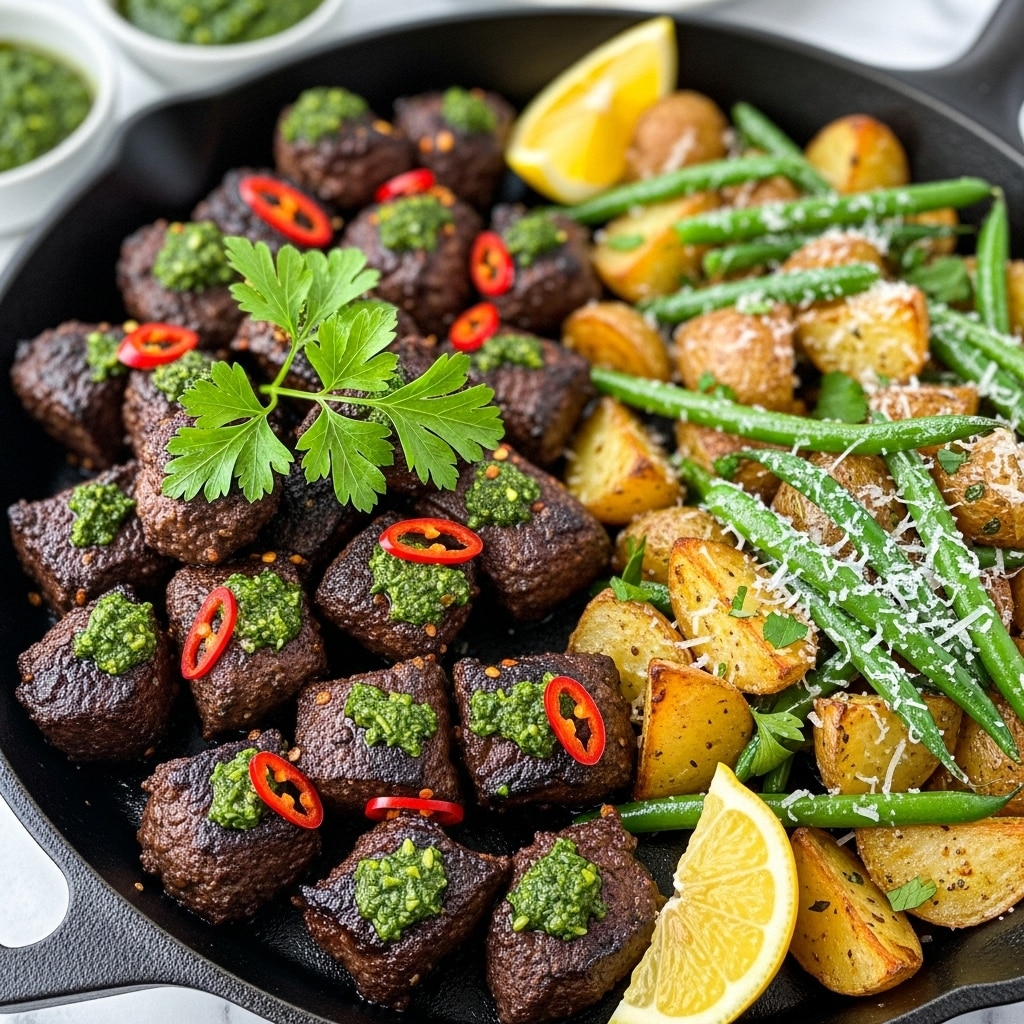 This close-up shows a cast iron pan filled with two main sections: on the left are many dark brown grilled meat pieces coated with green herb sauce and red chili flakes, garnished with bright green fresh parsley leaves on top; on the right are crispy golden roasted potatoes and green beans sprinkled with grated cheese and chopped herbs; two lemon wedges add yellow color contrast near the potatoes. The background is softly blurred but hints at a white marbled texture beneath. Small bowls with green sauces peek in the top left corner. photo taken with an iphone --ar 4:5 --v 7