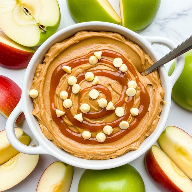 A white ceramic bowl with two handles is filled with a creamy, light brown peanut butter layer that is smooth and thick. This is topped with scattered light yellow white chocolate chips and a thin swirl of golden caramel sauce. Around the bowl on a white marbled surface, there are fresh apple slices with red and green skins, showing their juicy, pale insides. A spoon is partly visible inside the bowl. Photo taken with an iphone --ar 4:5 --v 7