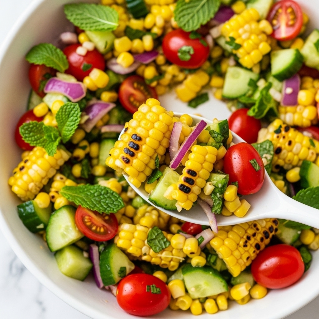 A close-up view of a fresh corn salad showing many colorful pieces mixed together in one layer. Bright yellow corn kernels with slight char marks sit alongside small red cherry tomatoes, green cucumber chunks, and bits of purple onion. Fresh green mint leaves are spread throughout, adding texture and depth. The salad looks moist with a light dressing that coats the ingredients evenly. A white spoon is scooping a portion of the salad from the white bowl, emphasizing the mix of textures and colors. The background is a white marbled surface, making the colorful salad stand out. Photo taken with an iphone --ar 4:5 --v 7