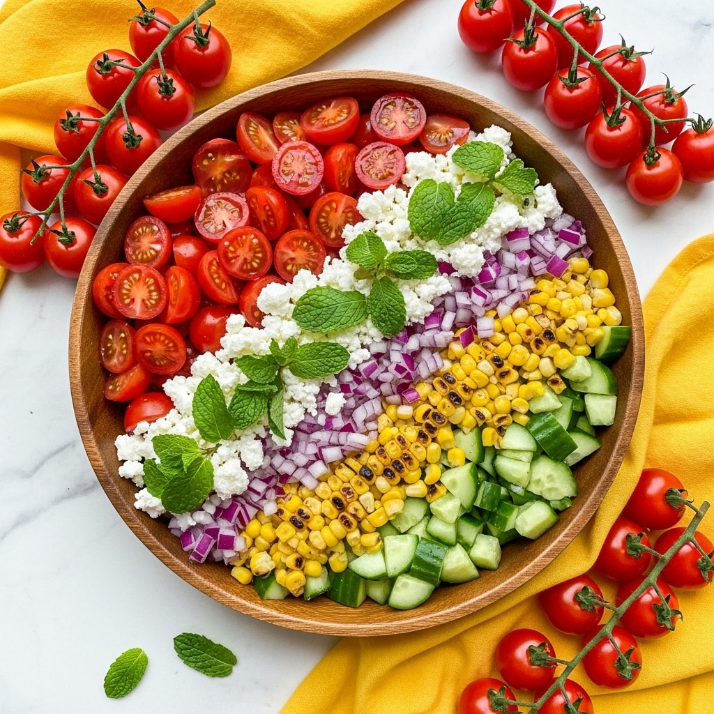 A round wooden bowl filled with a colorful salad sits on a white marbled surface, surrounded by a bright yellow cloth and clusters of small red cherry tomatoes on the vine. The salad has four main layers: a base of grilled yellow corn kernels with slight charring, mixed with chopped green cucumber pieces; scattered deep red halved cherry tomatoes; small chunks of white crumbled cheese spread on top; and fresh green mint leaves layered over everything. Finely chopped purple onion pieces are mixed throughout, adding touches of color. The overall texture is chunky and fresh, with a mix of smooth, crisp, and soft elements. Photo taken with an iphone --ar 4:5 --v 7