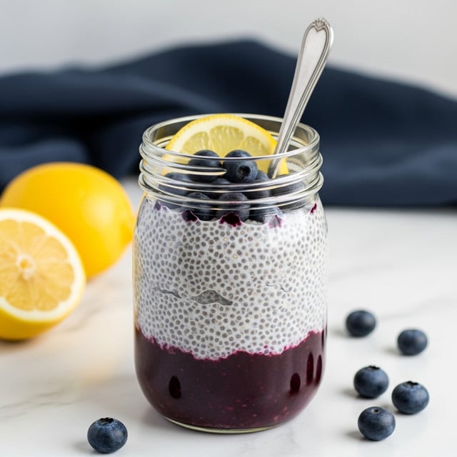 A clear glass jar filled with three visible layers: the bottom layer is a deep purple puree, the middle layer is a thick, light gray chia seed pudding with visible seeds, and the top layer has small blueberries and a lemon slice for garnish; a silver spoon is placed inside the jar. The jar rests on a white marbled surface with a whole lemon and scattered blueberries beside it, and a blurred navy cloth in the background. Photo taken with an iphone --ar 4:5 --v 7
