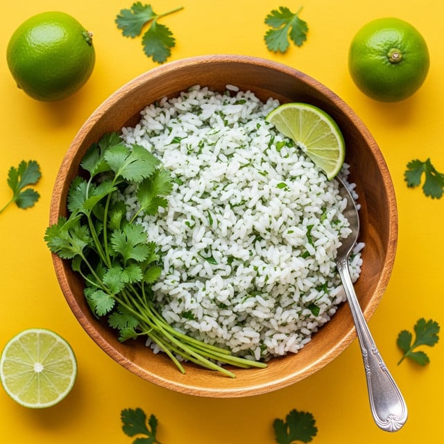 A wooden bowl filled with white rice mixed with finely chopped green herbs, giving the rice a speckled green and white texture. On the left side inside the bowl, a small bunch of fresh green cilantro leaves rests against the rice. A silver spoon with a smooth handle sits inside the bowl on the right, its bowl slightly covered by the rice. At the top right of the rice mound, a wedge of lime is placed, showing its light green juicy interior. Surrounding the bowl are whole and halved limes and scattered cilantro leaves, all set on a bright yellow background. photo taken with an iphone --ar 4:5 --v 7