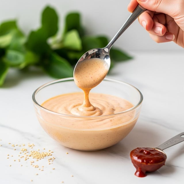 The image shows a clear glass bowl filled with a creamy, light orange sauce that has a smooth and slightly thick texture with tiny red specks. A shiny silver spoon is held by a woman's hand above the bowl, with some sauce dripping back into it. Around the bowl, there are small white sesame seeds scattered on the white marbled surface and a small dollop of red sauce near a metal measuring spoon that holds more of the red sauce. In the blurred background, fresh green leaves are visible. photo taken with an iphone --ar 4:5 --v 7