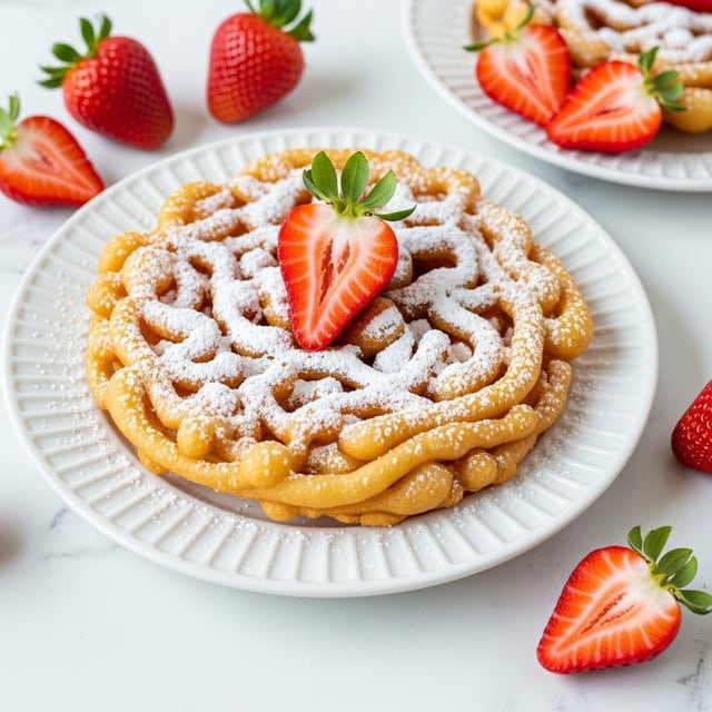 A golden-brown funnel cake with a crispy, twisted texture sits on a white plate with a ribbed design. The cake is dusted generously with white powdered sugar, creating a soft contrast over its warm surface. On top, a bright red, halved strawberry with green leaves adds a fresh splash of color. The plate rests on a white marbled surface, surrounded by a few whole and halved fresh strawberries scattered around calmly. Another similar plate with funnel cake and strawberry slices is partly visible in the background. photo taken with an iphone --ar 4:5 --v 7