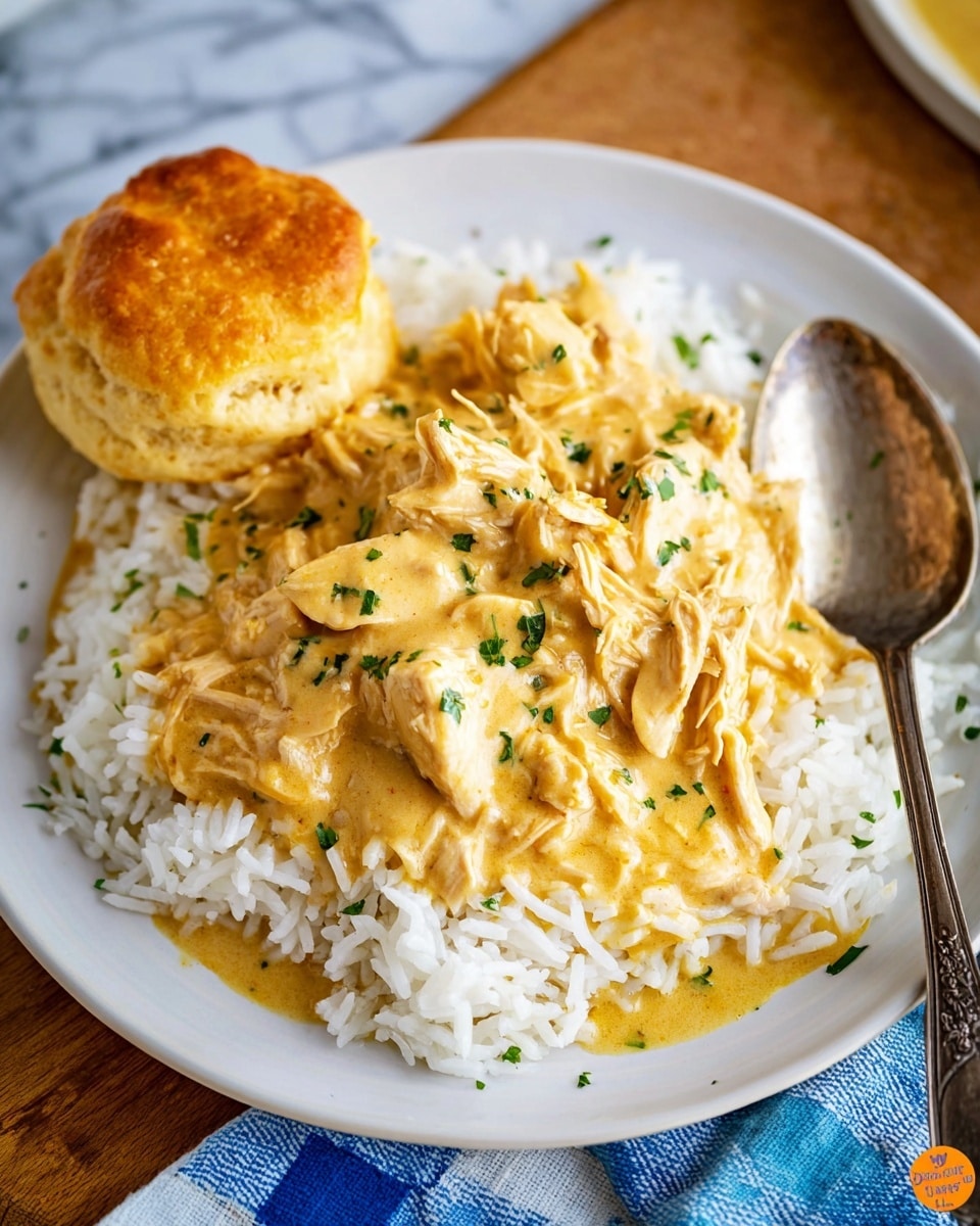 A white plate holds a serving of white rice as the base layer, topped with shredded chicken covered in a thick yellow creamy sauce sprinkled with small green herb bits, likely parsley. On the left side of the plate, there is a golden brown biscuit with a soft, flaky texture. A vintage silver spoon rests on the right edge of the plate. The plate sits on a wooden table with a blue and white checkered cloth partially visible underneath, and the background has a white marbled texture. photo taken with an iphone --ar 4:5 --v 7