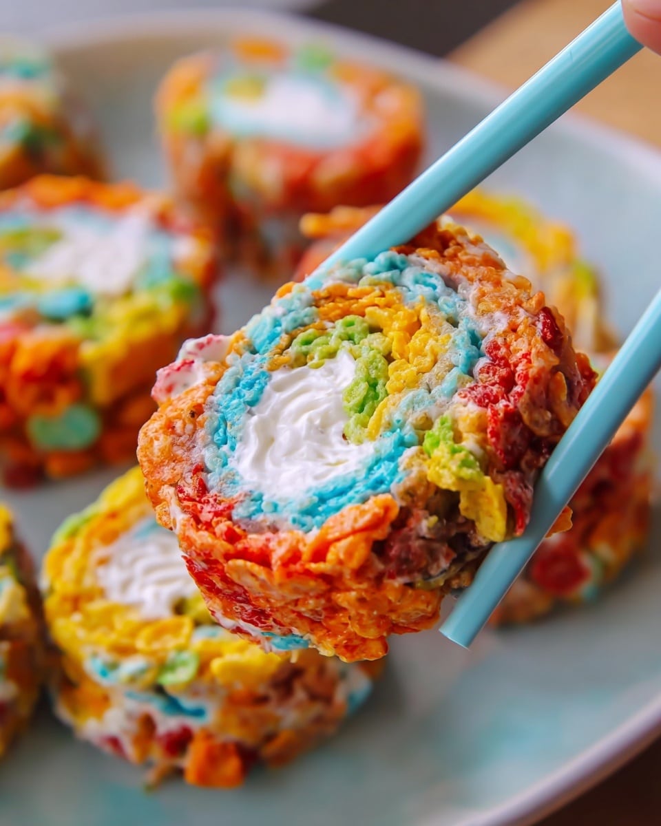 A close-up of a colorful sushi roll held by a pair of light blue chopsticks with a woman's hand visible; the sushi roll has two main layers: a vibrant outer layer with bright orange, red, green, yellow, and blue mixed textures resembling crushed cereal, and an inner layer of fluffy white cream tightly rolled inside. The roll appears thick and chunky, with white cream swirls visible in the center, giving a soft contrast to the crunchy outer layer. The sushi pieces rest on a white plate with a soft blue tint, placed on a white marbled surface. Other similar sushi rolls are blurred in the background, adding depth to the image. Photo taken with an iphone --ar 4:5 --v 7
