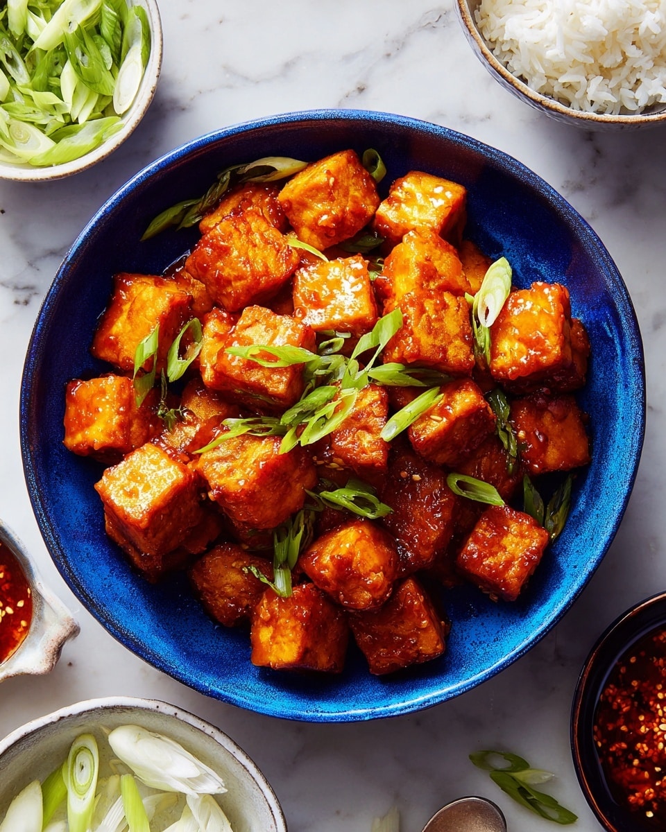 A deep blue bowl filled with many golden-orange tofu cubes covered in shiny sauce, scattered with bright green sliced scallions on top, all resting on a white marbled textured surface. The tofu cubes look crispy on the edges and are stacked closely together in the bowl. Around the bowl, there is a white bowl with sliced scallions, a dark bowl with white rice, and a smaller white bowl with reddish sauce and a spoon partly visible. The overall scene is well-lit, showing rich colors and textures clearly. photo taken with an iphone --ar 4:5 --v 7