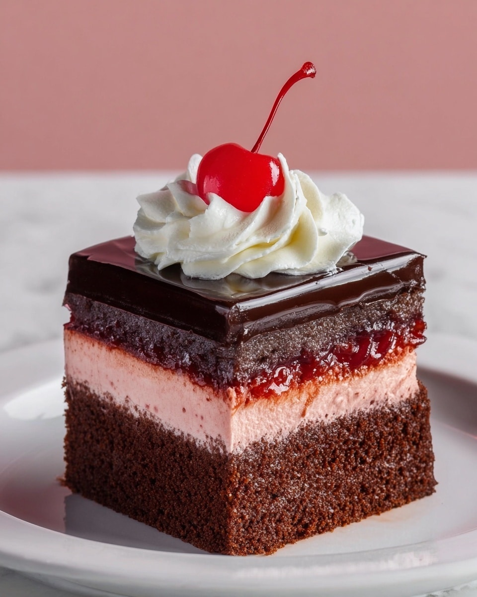 The image shows a piece of cake with four layers. The bottom layer is a thick, dark brown, moist chocolate cake. Above it is a dark pink creamy layer that looks smooth and soft. Next is a shiny, dark chocolate glaze layer that is thin and glossy. The top has a swirl of white whipped cream, crowned with a red cherry with a green stem. The cake sits on a white plate with a white marbled texture background. Photo taken with an iphone --ar 4:5 --v 7