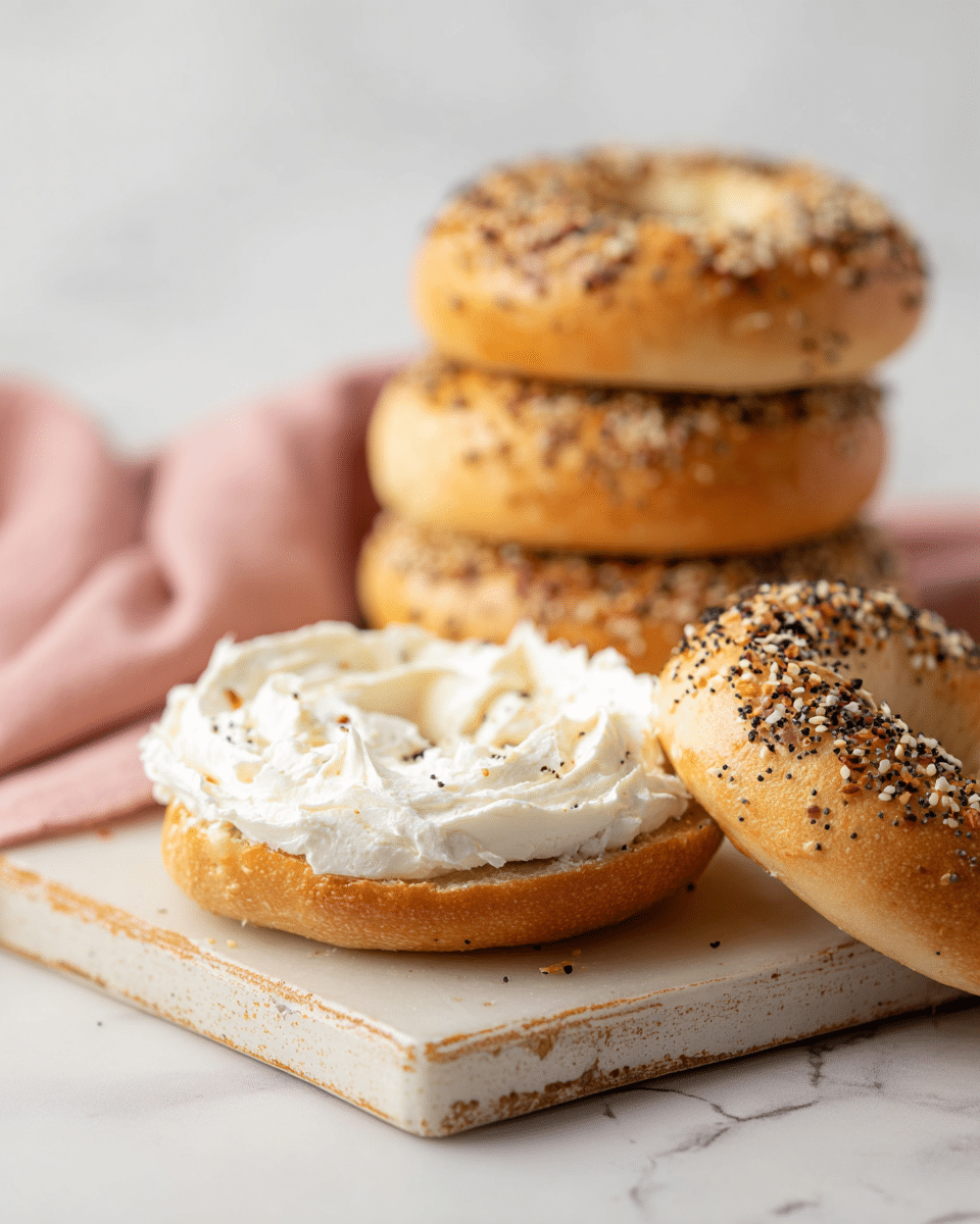 A close-up of a toasted bagel cut in half, with the bottom half spread thickly in an uneven texture of white cream cheese, showing some ridges and peaks. Behind it, three stacked bagel halves are visible, each golden brown with sesame and poppy seeds on top adding a speckled pattern. The bagels rest on a square, light-colored wooden board with slight wear marks, placed on a white marbled surface. A soft pink cloth is loosely folded to the side, adding a gentle color contrast. Photo taken with an iphone --ar 4:5 --v 7
