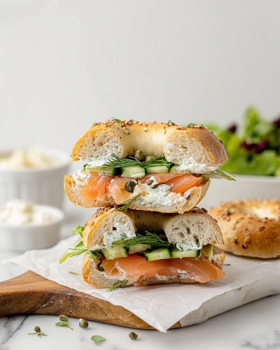 A white toasted bagel sliced in half horizontally is stacked to show its inside layers: the top layer has a creamy white spread with small green capers, followed by thin slices of light orange smoked salmon, and thin translucent pale green cucumber slices with fresh green dill on top. The bagel layers have a light golden brown, slightly crusty texture. The sandwich rests on white parchment paper over a white wooden board with a blurred white bowl of green salad and a small white bowl of creamy spread in the background, all set on a white marbled surface. Photo taken with an iphone --ar 4:5 --v 7