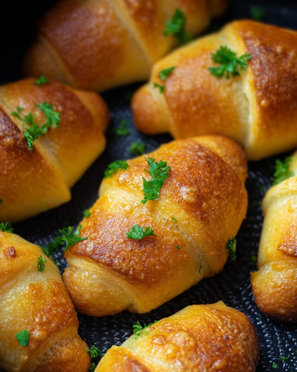 The image shows several golden brown crescent rolls with a flaky, crispy texture, arranged closely together on a dark perforated tray. Each roll is topped with small, bright green parsley leaves that add a fresh pop of color. The rolls have a shiny, slightly oily surface, indicating they are freshly baked and warm. The close-up shot emphasizes the soft, layered dough and crisp edges of each roll, giving a sense of their airy and tender inside. photo taken with an iphone --ar 4:5 --v 7