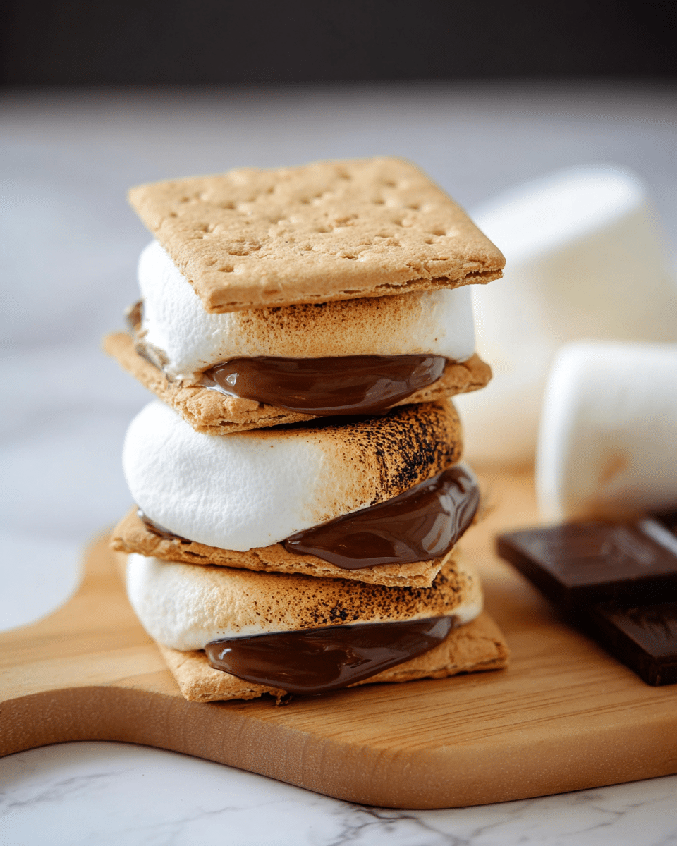 A close-up view of a three-layer s'mores stack placed on a wooden board, sitting on a white marbled surface. The bottom layer has a light brown, slightly cracked toasted marshmallow with soft, melted milk chocolate oozing out from one side, resting on a square, light tan graham cracker. The middle layer follows with a similarly toasted marshmallow slightly golden brown on one side, held above a second graham cracker with melted chocolate underneath. The top layer features a plump, white marshmallow with a smooth, cracked surface, partially melted chocolate inside, and capped with another square graham cracker slightly angled. In the blurred background on the right, a white marshmallow and a piece of dark chocolate slightly out of focus add depth. Photo taken with an iphone --ar 4:5 --v 7