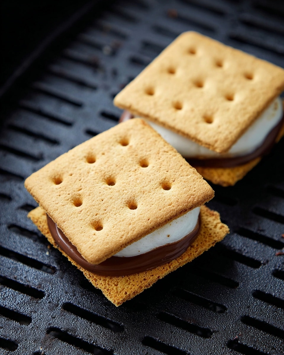 Two toasted s'mores rest on a black grill surface. Each s'more has three layers: the bottom layer is a golden toasted marshmallow with a soft, slightly charred texture, the middle layer is smooth, melted chocolate peeking out from under the top layer, and the top layer is a square, light brown graham cracker with small holes evenly spaced. The marshmallow looks soft and slightly puffed, while the graham cracker appears dry and crumbly. photo taken with an iphone --ar 4:5 --v 7