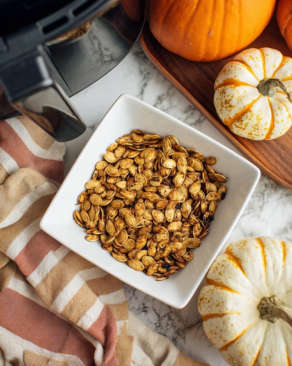 A square white bowl is filled with a large layer of roasted pumpkin seeds that are golden with some dark brown spots, showing a crispy texture. The bowl is placed on a white marbled surface next to two small pumpkins, one orange and one white with orange stripes, resting on a wooden tray. A striped cloth in soft brown, beige, and peach tones lies nearby, adding a cozy feel. Part of a black air fryer is seen in the top left corner, hinting the seeds were freshly roasted. photo taken with an iphone --ar 4:5 --v 7