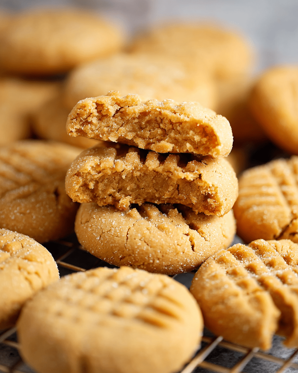 The image shows a close-up of golden-brown peanut butter cookies arranged closely together. In the center, two cookie halves are stacked, with the top half slightly tilted to reveal a soft and crumbly texture inside. Each cookie has light fork marks on top, giving them a rustic look, and their surface is slightly cracked with a sugary sparkle. The cookies sit on a metal cooling rack, placed on a white marbled texture surface. Photo taken with an iphone --ar 4:5 --v 7