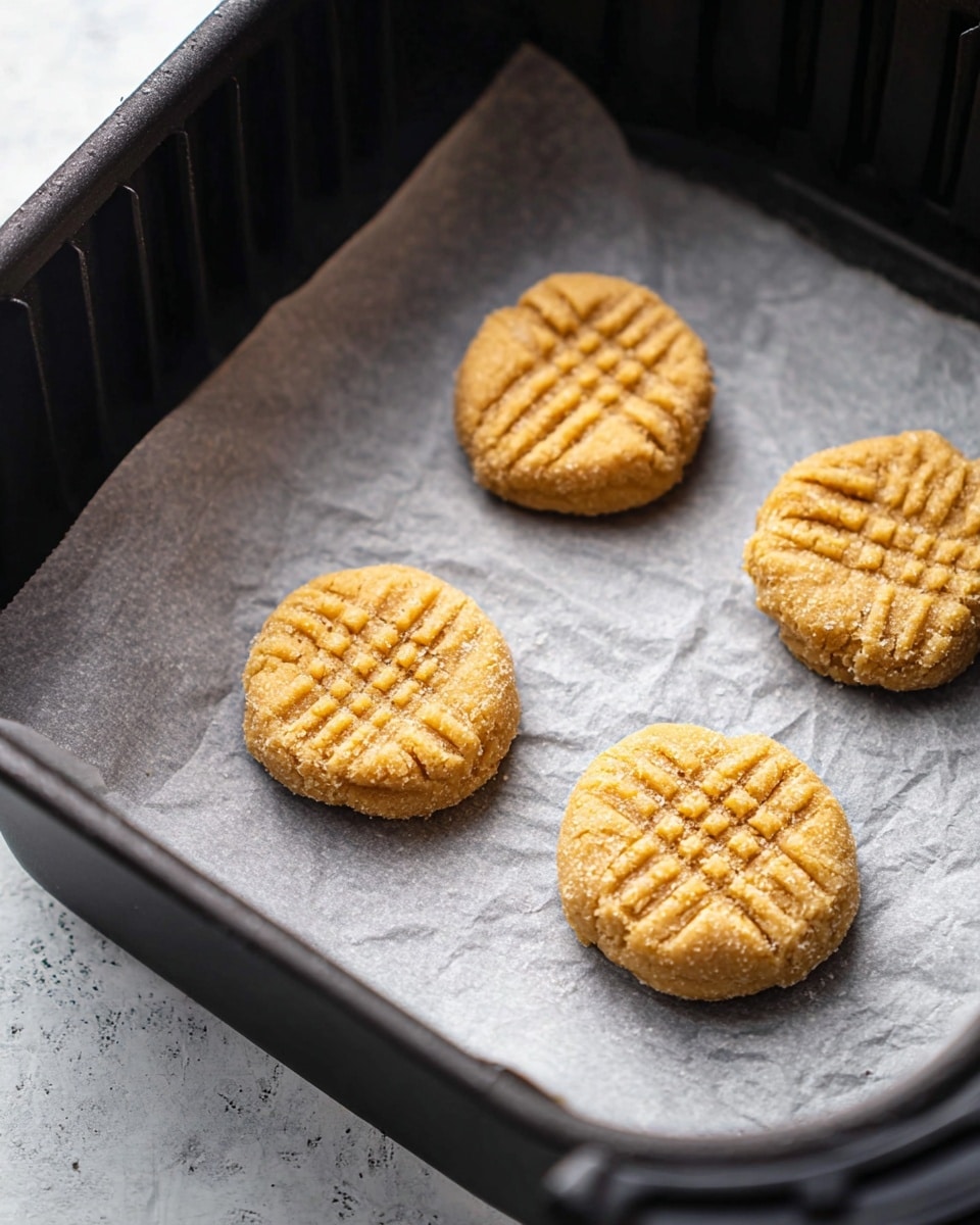 The image shows four cookie dough pieces placed on a sheet of parchment paper inside a black air fryer basket. Each cookie dough piece is round, thick, and light golden in color, with a rough texture covered in sugar crystals. The top of each cookie dough has a crisscross pattern pressed into it, creating shallow grooves. The surface under the air fryer basket has a white marbled texture. photo taken with an iphone --ar 4:5 --v 7