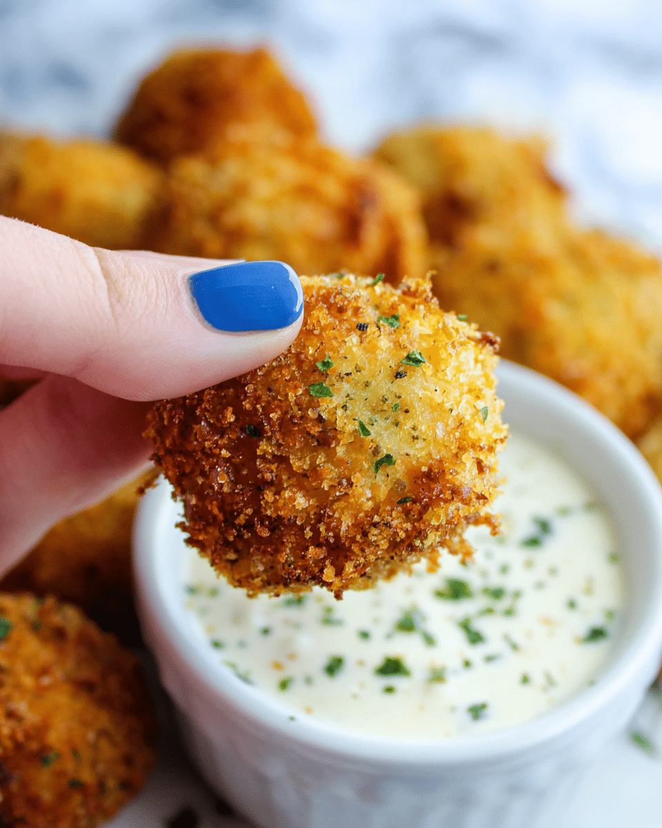 A close-up of a golden-brown crispy fried ball with a rough, crunchy texture being held by a woman's hand with bright blue nail polish. The ball is speckled with small green bits, showing freshness inside the crunchy outer layer. Below it, there is a white bowl filled with creamy white sauce, lightly sprinkled with small green herb pieces. In the background, more of the golden fried balls are slightly blurred, sitting on a white marbled surface. photo taken with an iphone --ar 4:5 --v 7