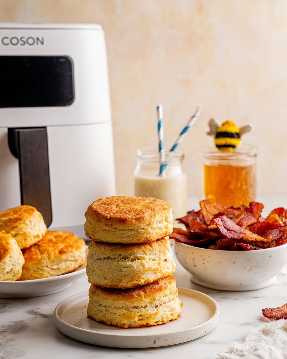 The image shows a stack of three golden brown biscuits resting on a white marbled surface. Behind the stack, to the left, there is a white plate holding more biscuits similar in color and texture. On the right side, a white bowl is filled with crispy reddish-brown bacon strips. Next to the bowl, there is a small honey pot with a bee decoration, and behind it are two glass jars filled with a light-colored liquid, each with a blue and white striped straw. The background is a light, textured beige wall, and a white and black air fryer is positioned behind the biscuits. The photo is taken with an iphone --ar 4:5 --v 7