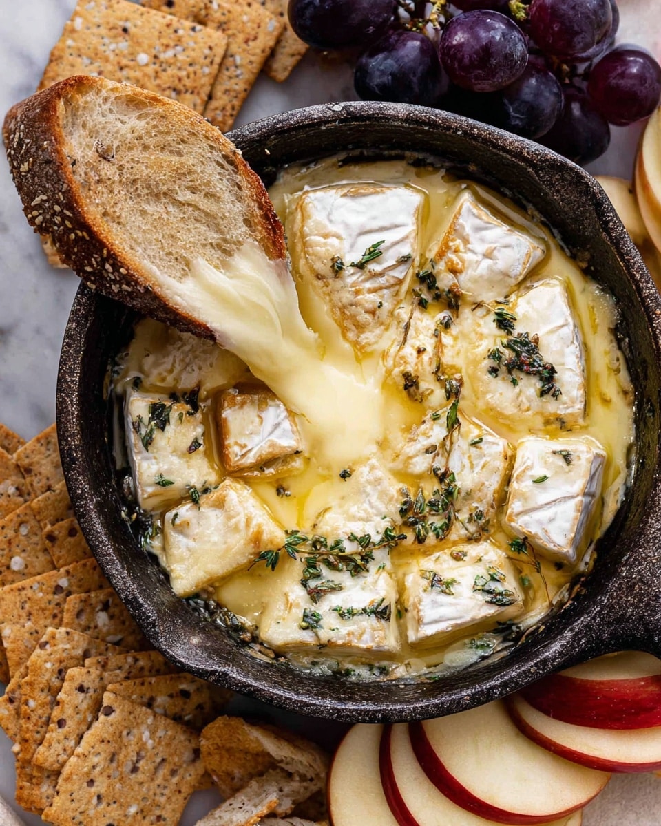 A round cast iron skillet filled with melted creamy brie cheese that has been cut into small square pieces, showing the white rind with herbs and garlic sprinkled over them; a slice of crusty light brown bread is dipped into the gooey cheese, pulling soft strands apart from the main cheese circle. Around the skillet, there are tan crackers with seeds, dark purple grapes, and several slices of red and yellow apple on a white marbled surface. photo taken with an iphone --ar 4:5 --v 7