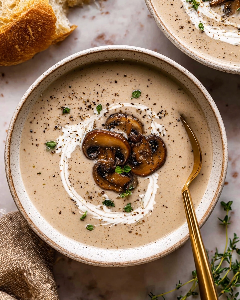 A close-up view of a creamy, light beige soup inside a white cast iron pot, with a metallic ladle lifting a scoop of the soup. The soup is smooth in texture with tiny black pepper specks and small green herb pieces sprinkled evenly on the surface. The soup's edge has a thin golden brown ring showing slight cooking marks. The background is a white marbled texture, and soft natural light highlights the creamy and fresh look of the soup. Photo taken with an iphone --ar 4:5 --v 7