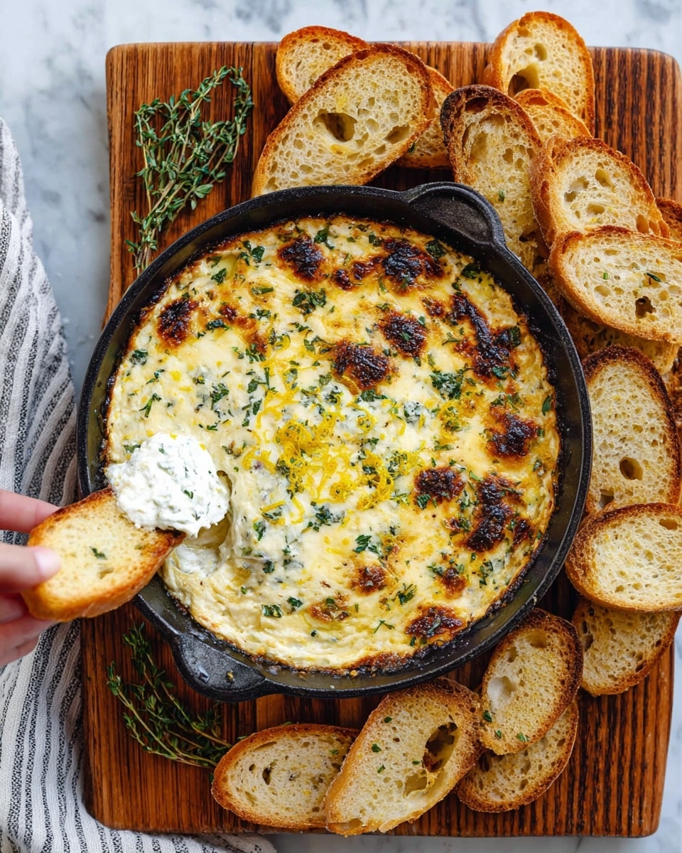 A rustic skillet filled with a creamy, golden-brown baked dip topped with charred spots and sprinkled with fresh green herbs and bright yellow zest. A woman's hand holds a toasted slice of golden brown bread, scooping a dollop of soft white dip with visible green flecks from the skillet. Surrounding the skillet on a wooden cutting board are more toasted white bread slices, each showing a crunchy texture and light browning. Small fresh green herb sprigs decorate the board, all set on a white marbled surface with a folded striped towel nearby. photo taken with an iphone --ar 4:5 --v 7