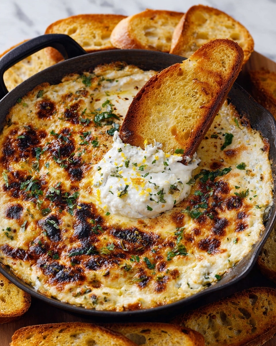 A round skillet filled with a creamy, golden baked dip with dark browned spots on the surface showing a crispy texture. The top layer is speckled with fresh green herbs and small pieces of yellow zest, adding color contrast. A golden toasted bread slice is dipped into the creamy white layer beneath the browned top, showing smooth, rich texture. Around the skillet, there are more slices of toasted bread in golden brown shades. The whole scene is set on a white marbled surface. photo taken with an iphone --ar 4:5 --v 7