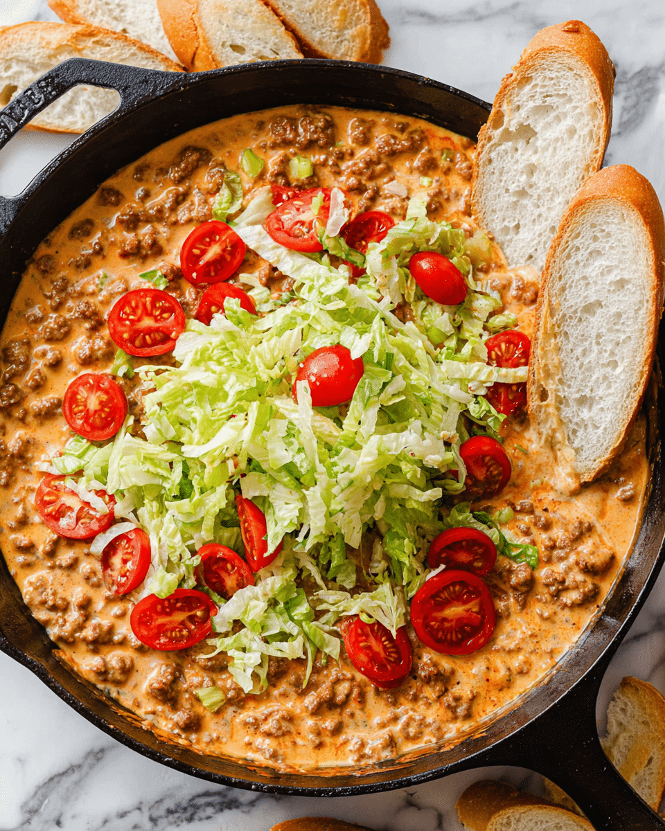 A black skillet holds a creamy orange meat dip spread evenly as the base layer, topped with a middle layer of thinly shredded pale green lettuce. On top of the lettuce, there is a bright layer of halved red cherry tomatoes and small pieces of diced cooked onions scattered around. On the right side of the skillet, slices of white baguette bread are placed partly dipped into the dip, while more slices are arranged around the skillet on a white marbled surface. A yellow and white striped cloth is in the top left corner. Photo taken with an iphone --ar 4:5 --v 7